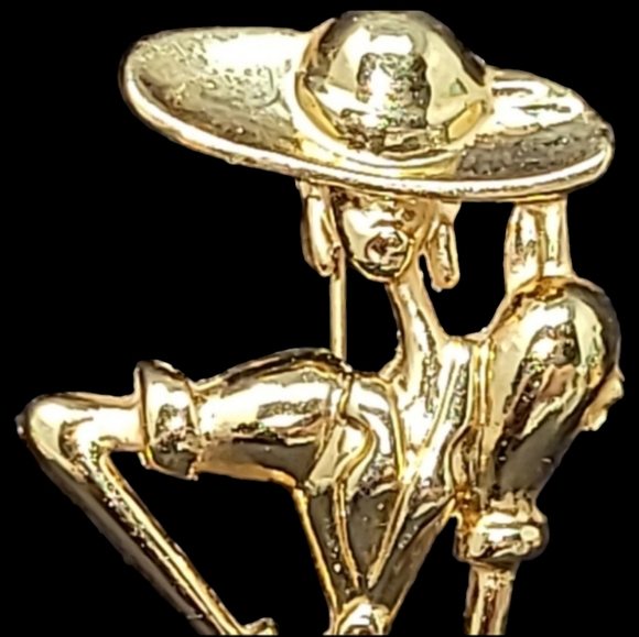 VINTAGE SLENDER WOMAN "LADY WITH A HAT" GOLD TONE BROOCH - Picture 4 of 5